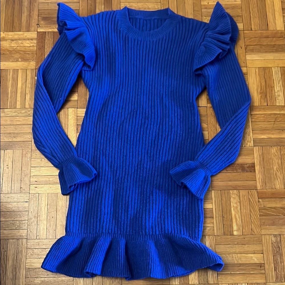 SHEIN Royal Blue Ribbed Ruffled Mini Sweater Dress
